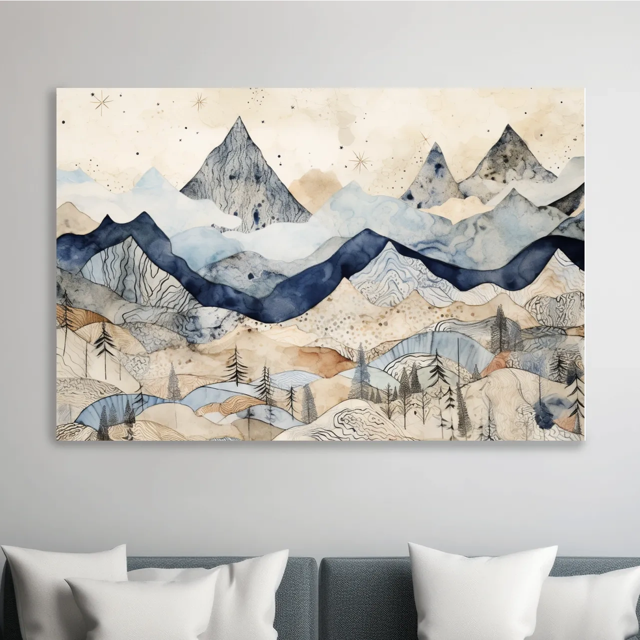 Surreal alpine mountain landscape art, patchwork style artwork