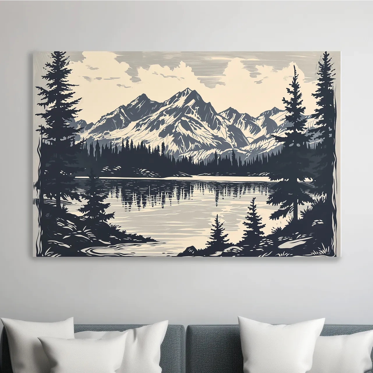 Vintage Alpine Lake Mountain Illustration - Monochrome Linocut Style Artwork