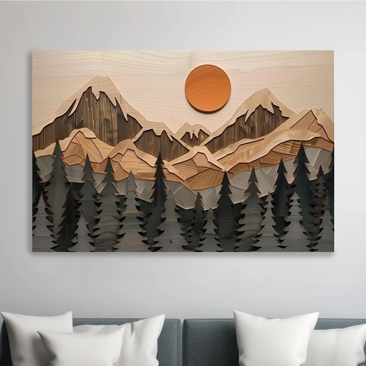Rustic Geometric Wood Grain Mountain Sunrise - Pine Forest Landscape Wall Art