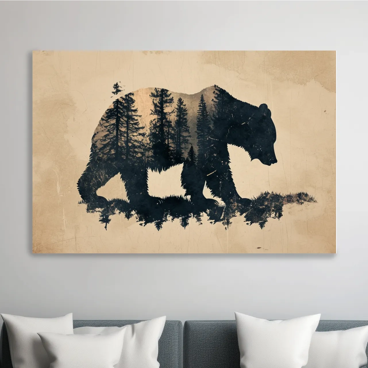 Vintage grizzly bear illustration artwork, double exposure sepia style