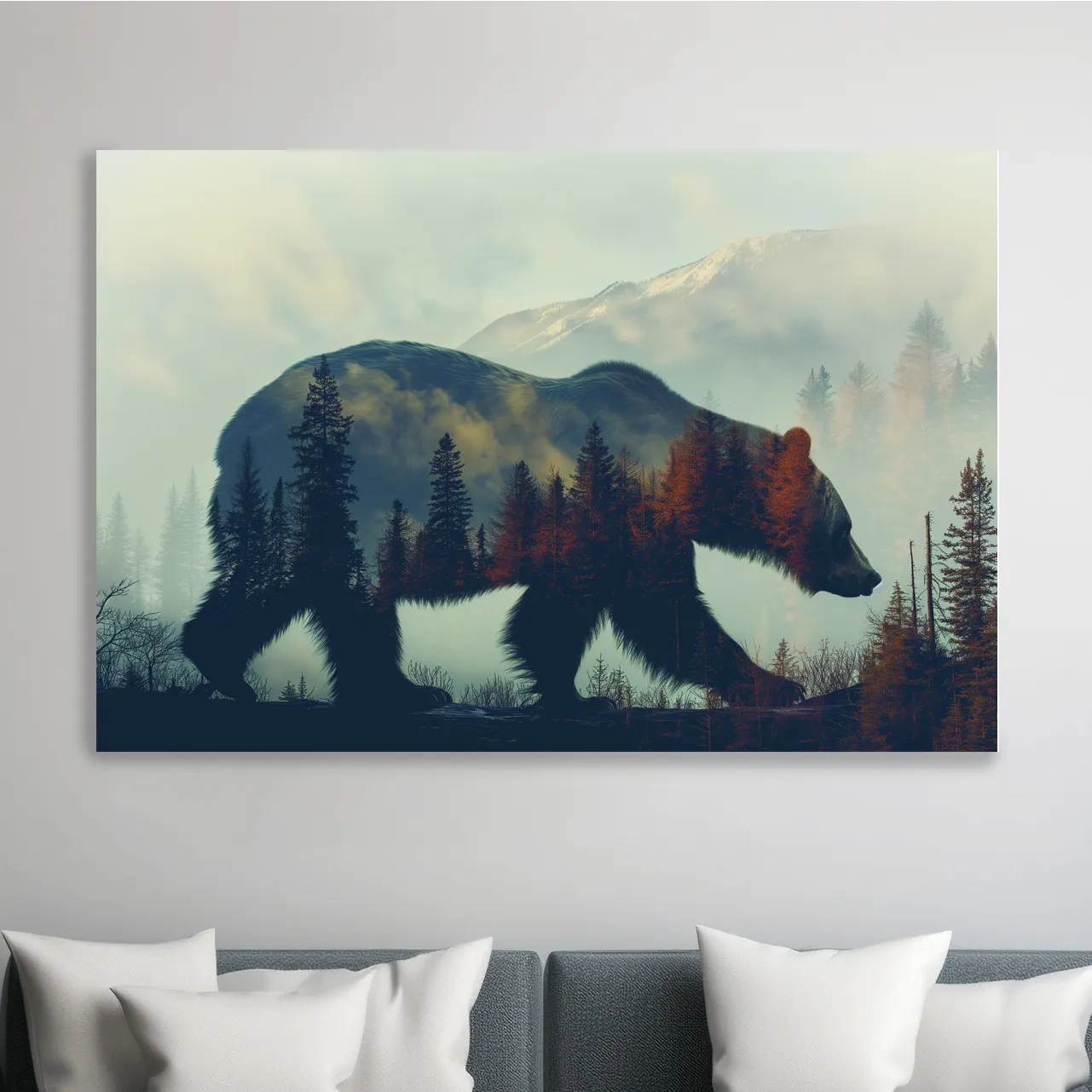 Moody Double Exposure Grizzly Bear Silhouette - Misty Pine Forest Mountain Wall Art