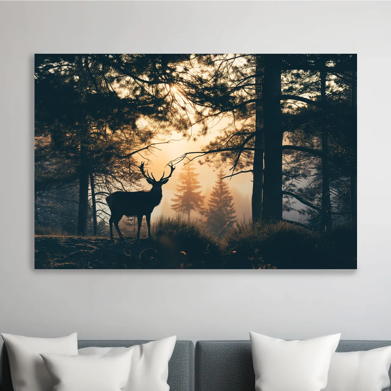 Moody Deer Silhouette In Misty Pine Forest - Golden Sunrise Wildlife Wall Art