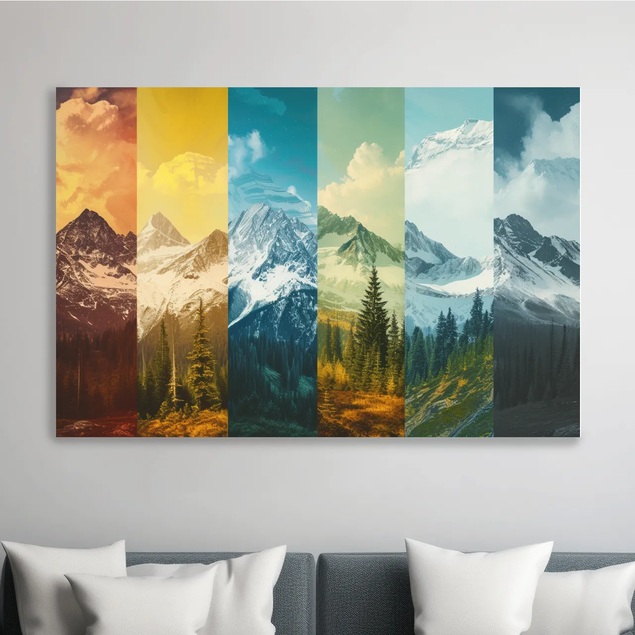 Changing of seasons, alpine forest and glacier art, split panel artwork