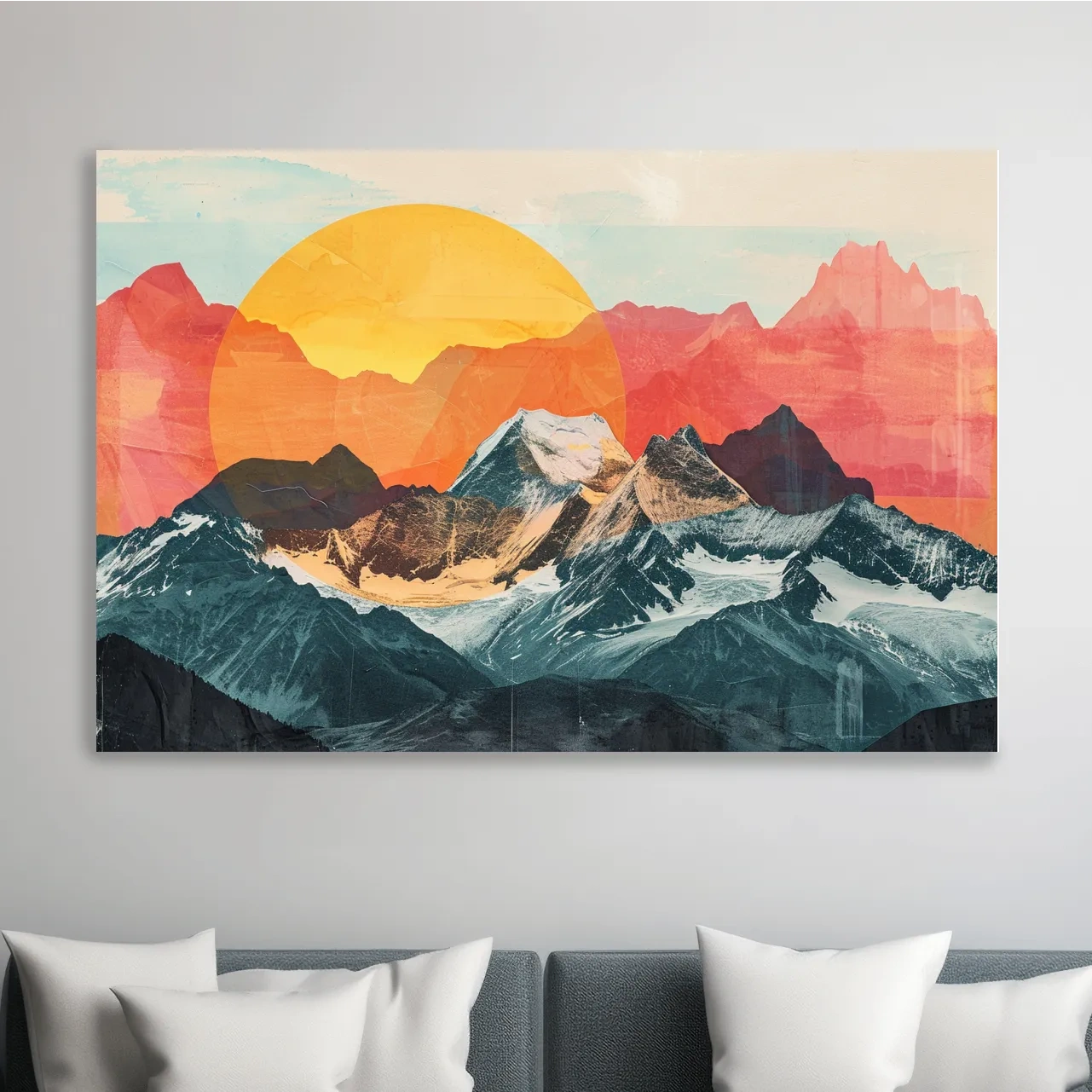 Print collage style abstract mountain artwork