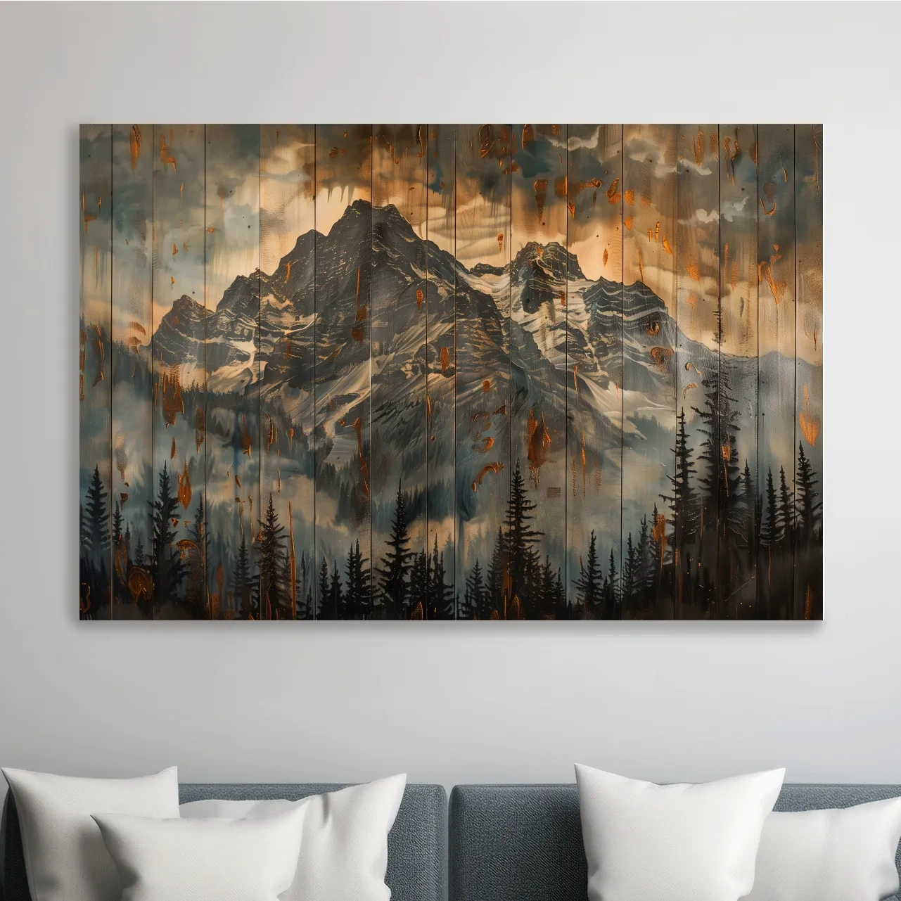 Mountain range wall art, rustic wood panel effect, wood burning style cabin art