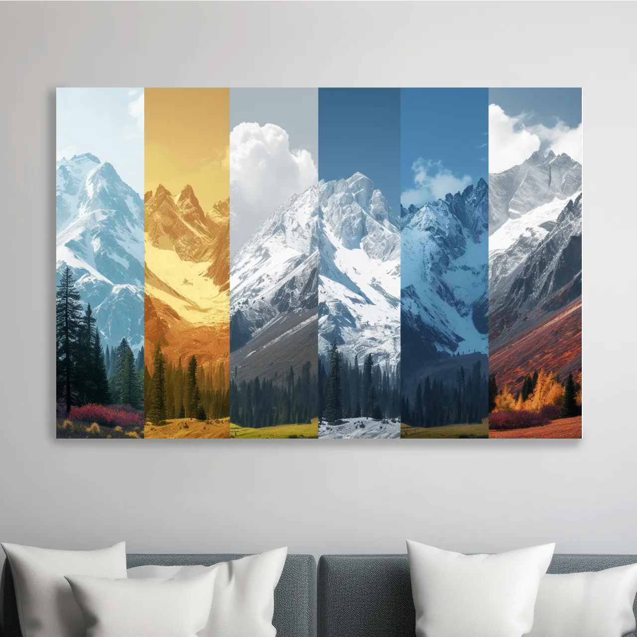 Alpine mountain artwork, forest and glacier, split panel changing of seasons inspired