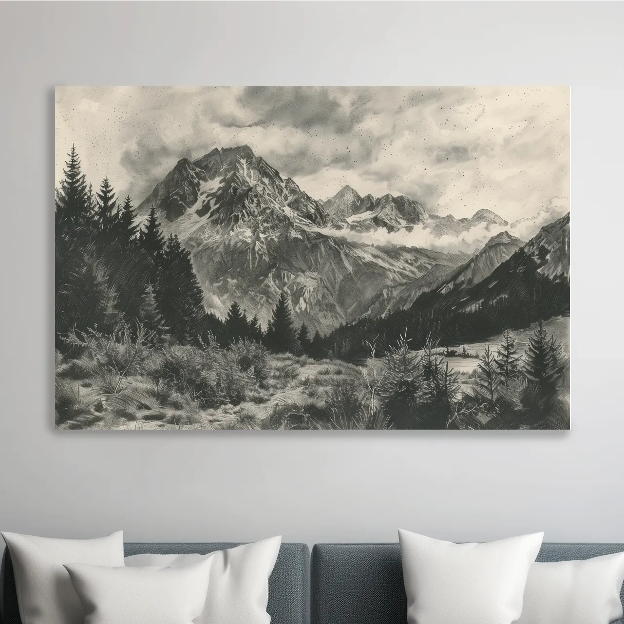 Lead pencil drawing, alpine meadows glacier artwork