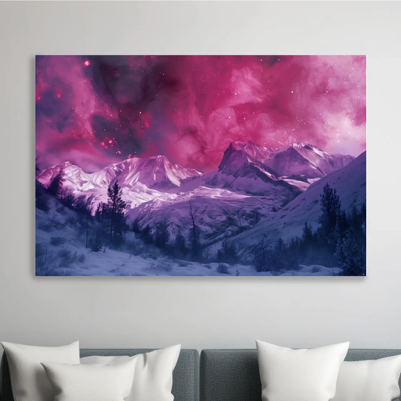 Beautiful pink and purple nebula galaxy sky over snowy glacier mountains, surreal fantasy art style