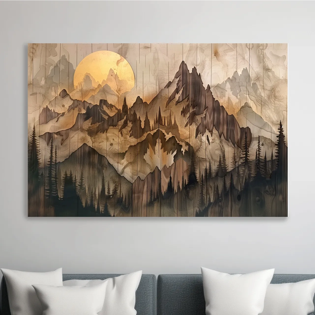 Rustic Sepia Mountain Sunrise Landscape - Vintage Wood Grain Watercolor Artwork