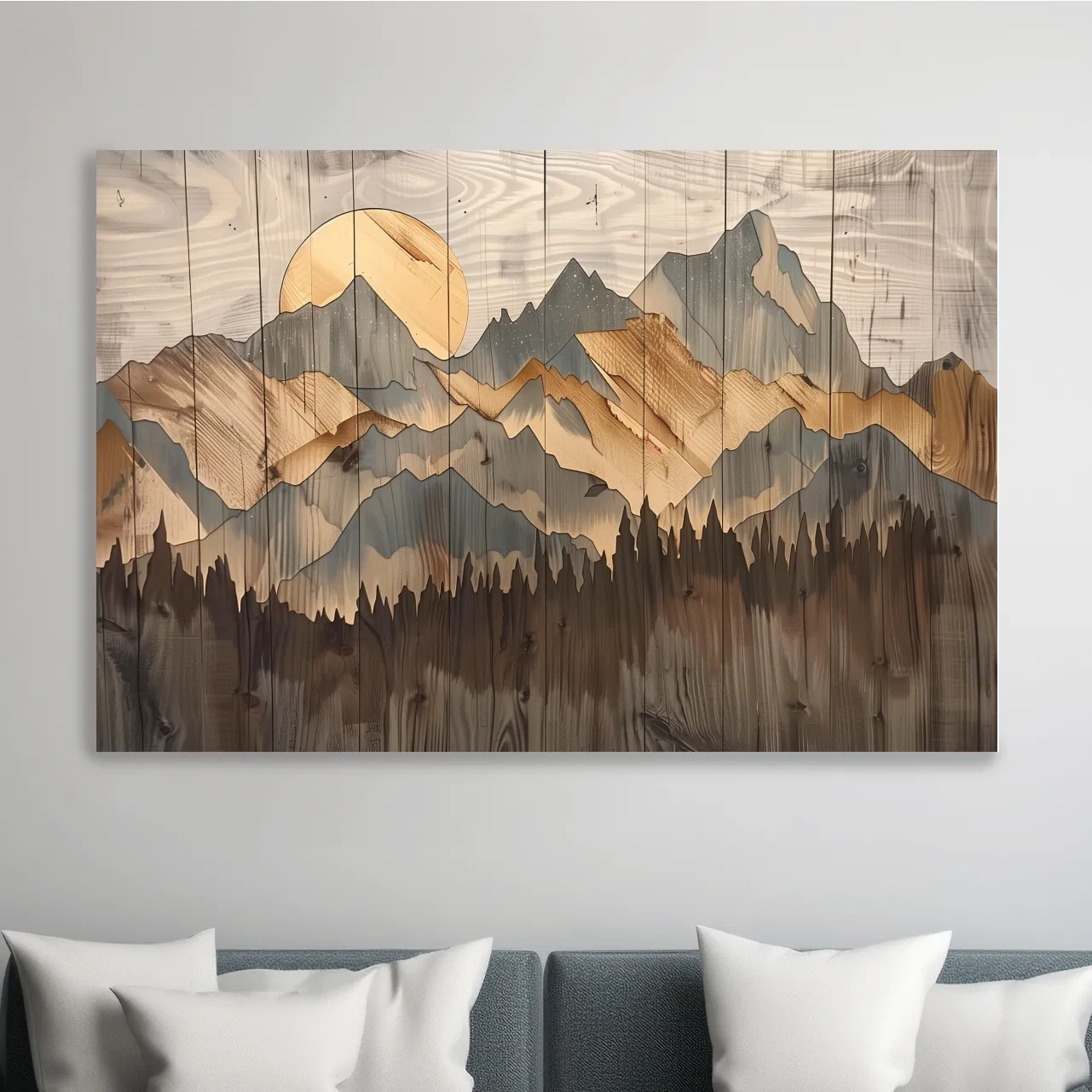 Rustic mountain artwork, painting on wood panel effect