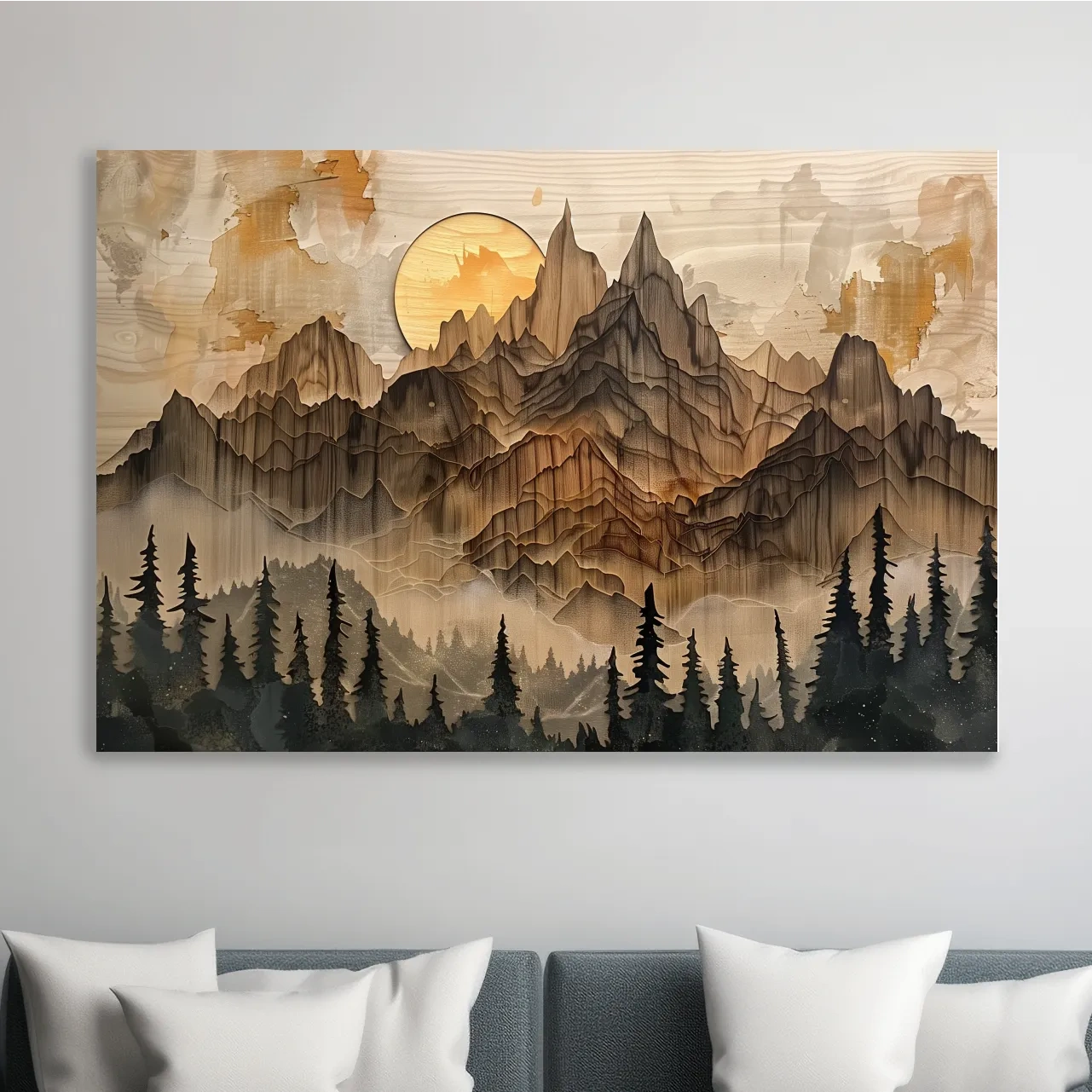 Mountain and forest artwork, rustic peeled paint on wood effect