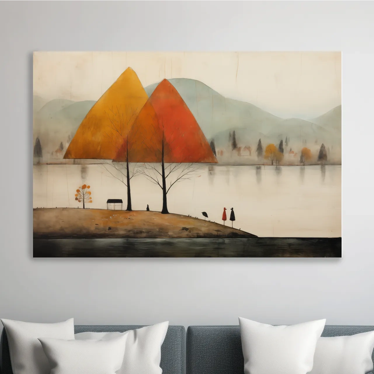 Autumn Mountains Over Misty Lakeside - Quirky Landscape Artwork