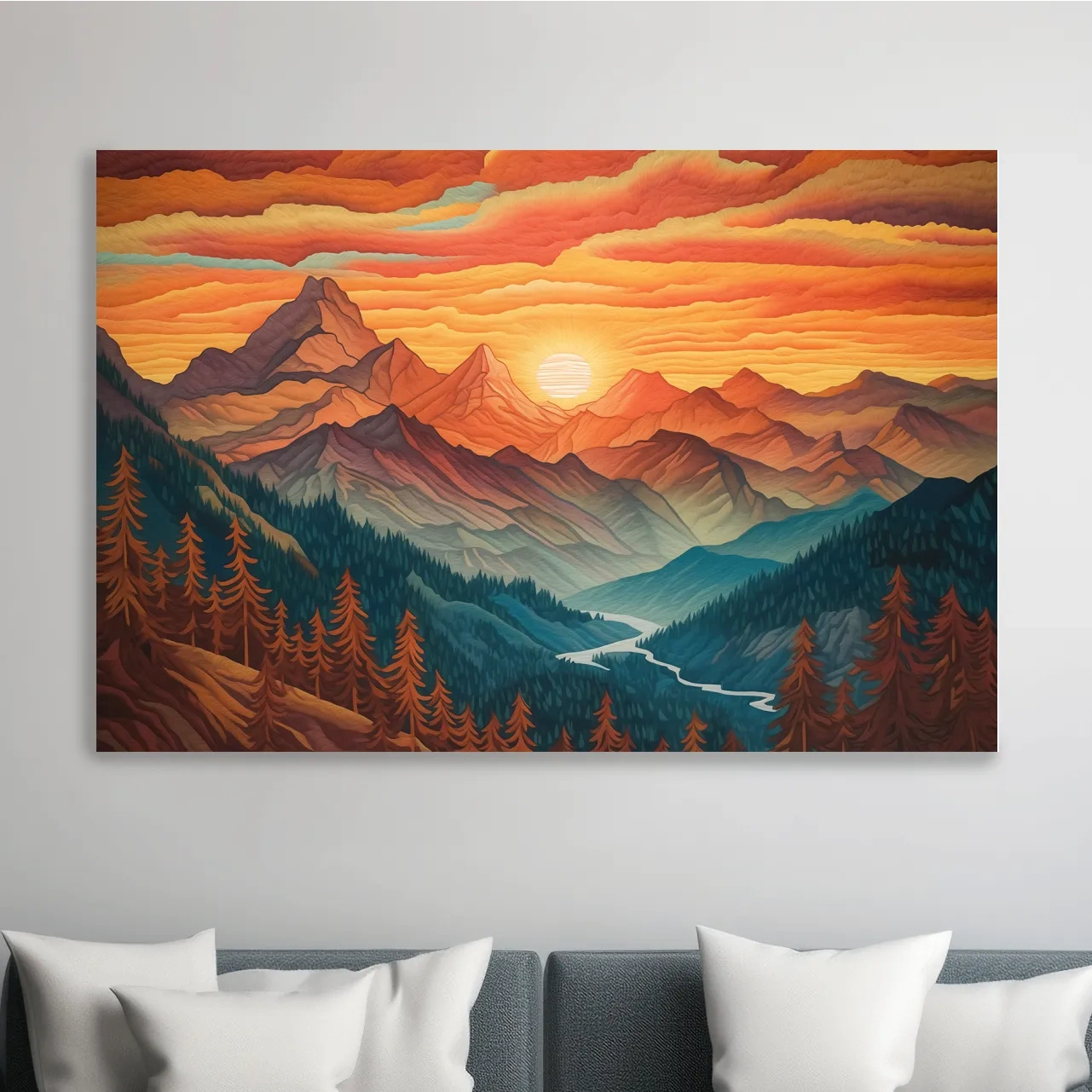 Textured effect artwork of a mountain landscape at sunset
