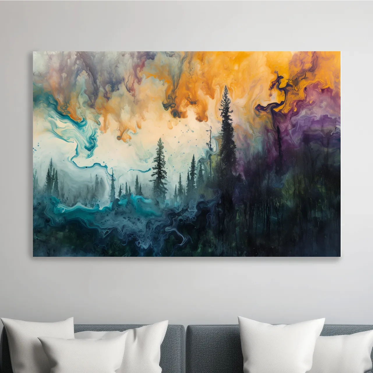 Abstract foggy forest painting, swirling colors and smoke