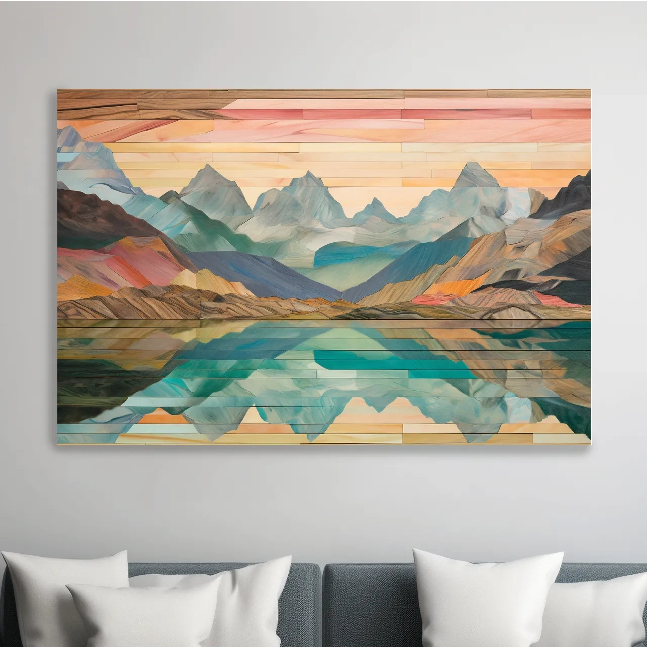 Wooden panel style alpine lake and mountain artwork
