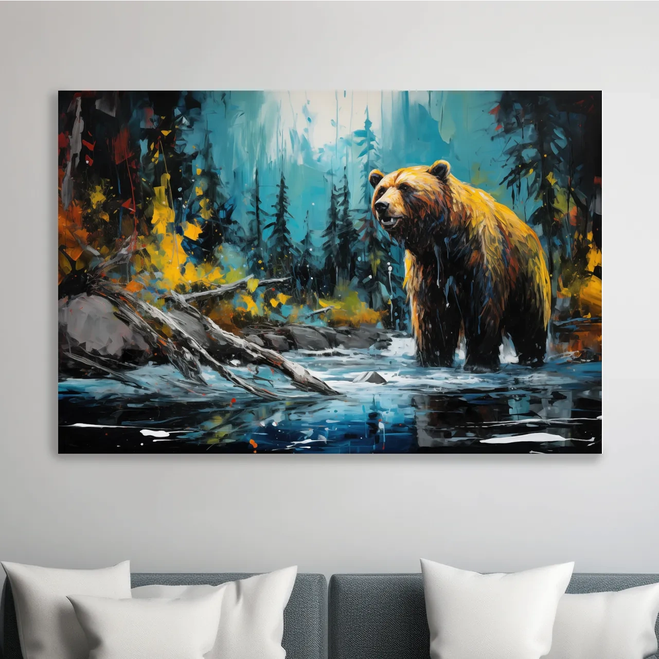 Colourful painting of a grizzly bear in the river