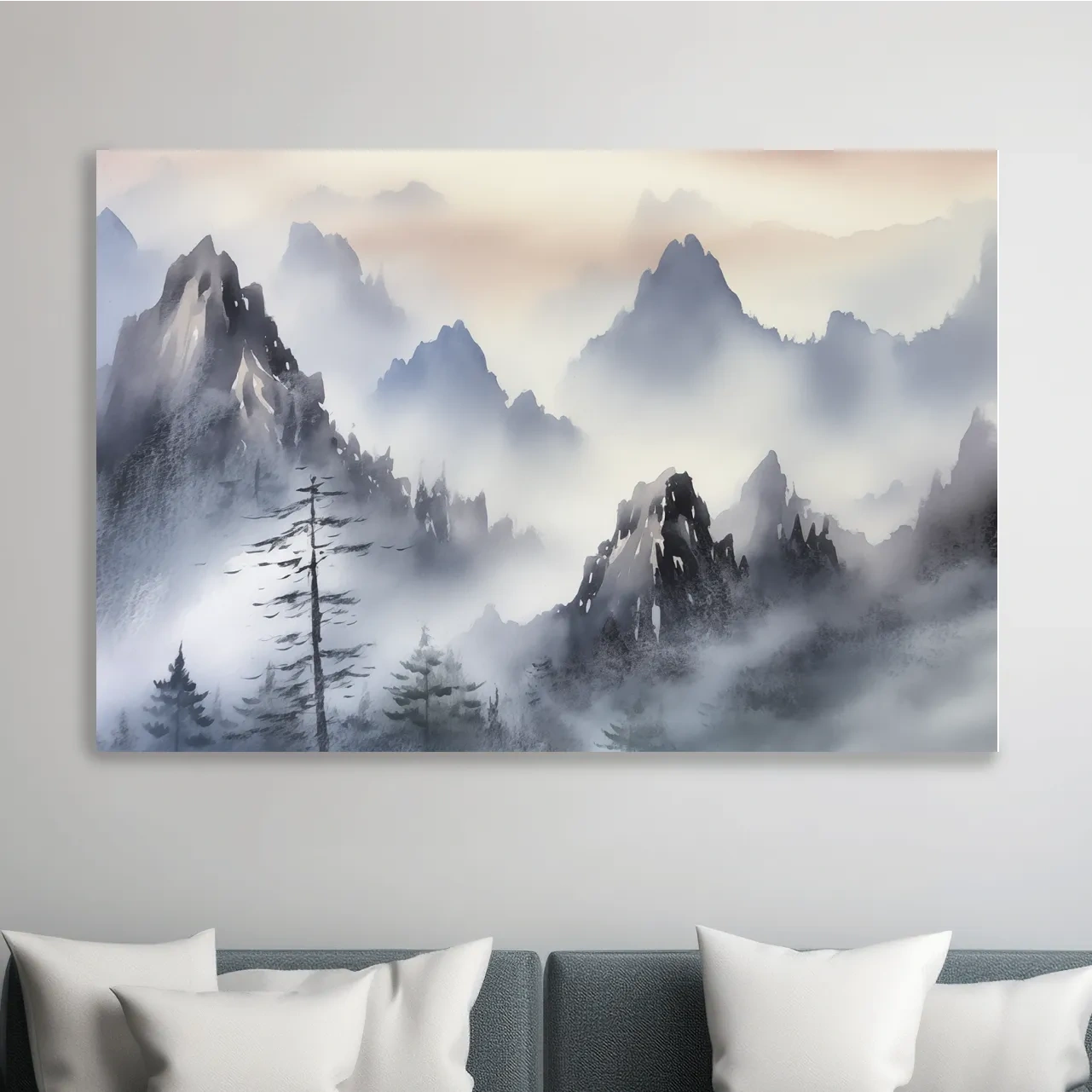 Chinese traditional ink wash style watercolour painting of foggy mountains