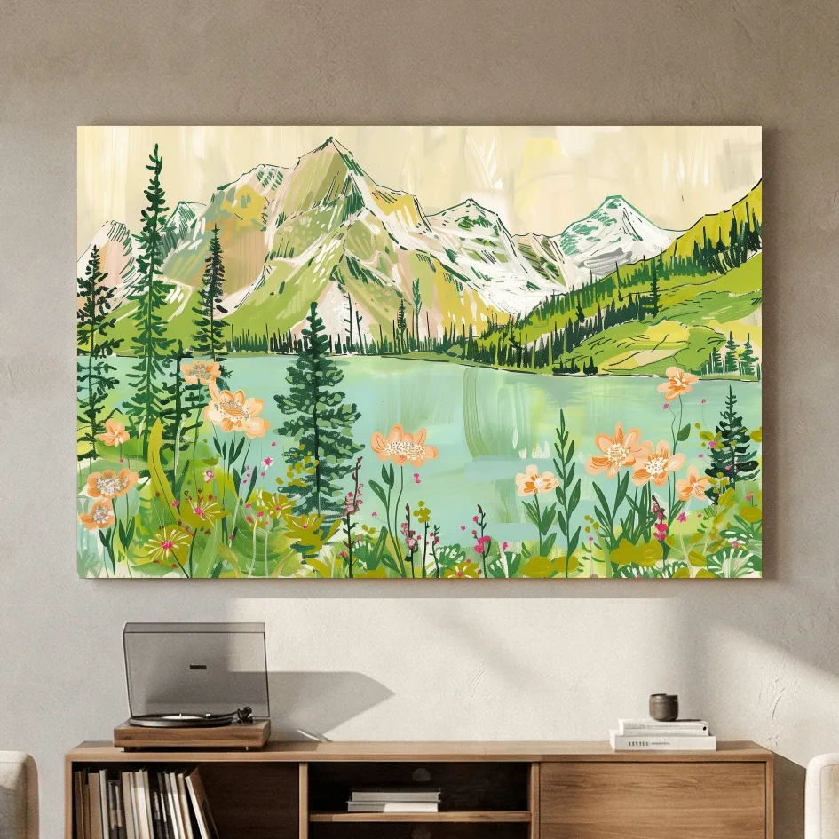 Whimsical Alpine Lake Wildflower Stylized Painting - Mountain Meadows Wall Art