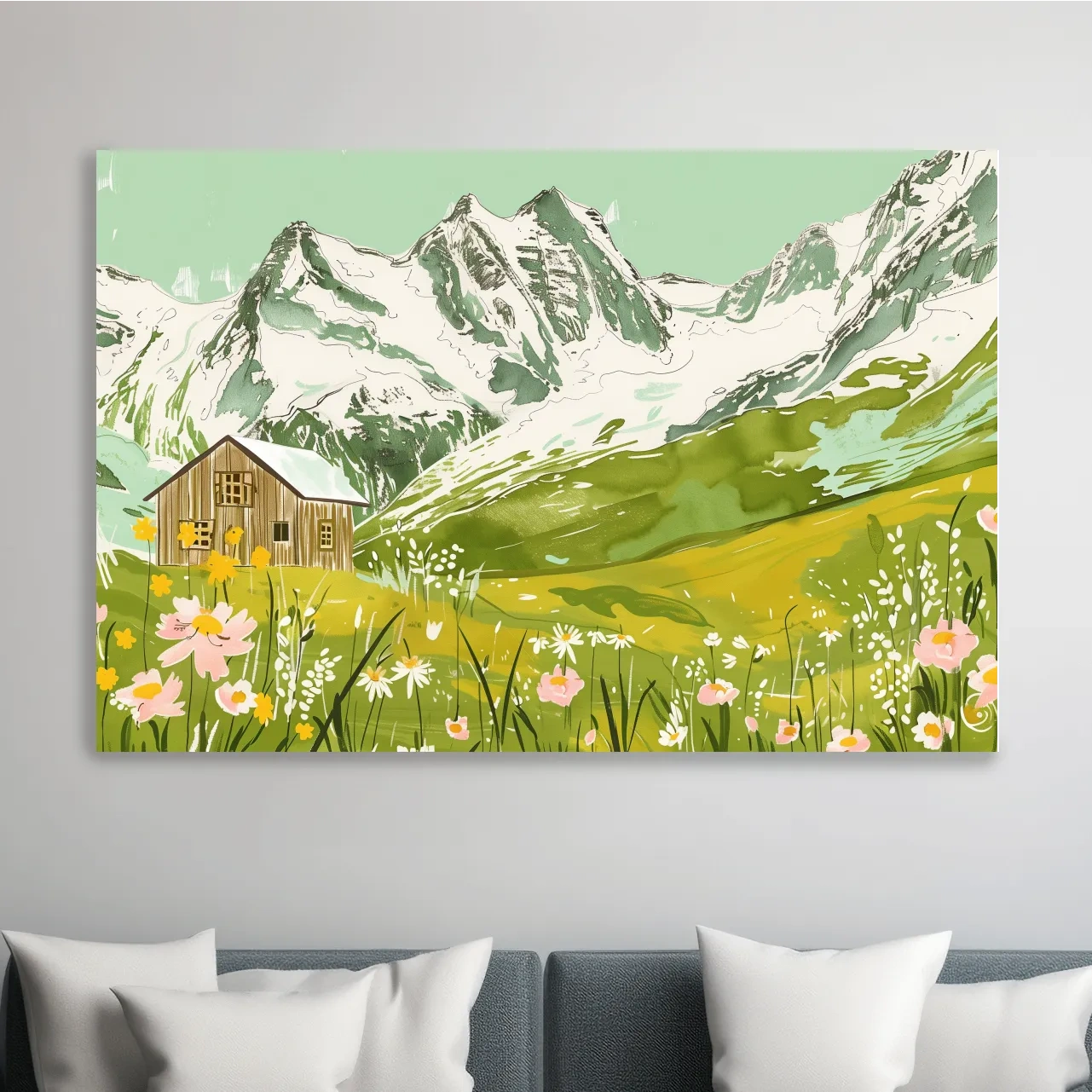 Alpine cabin artwork, flowers and glacier, stylized sketch painting style