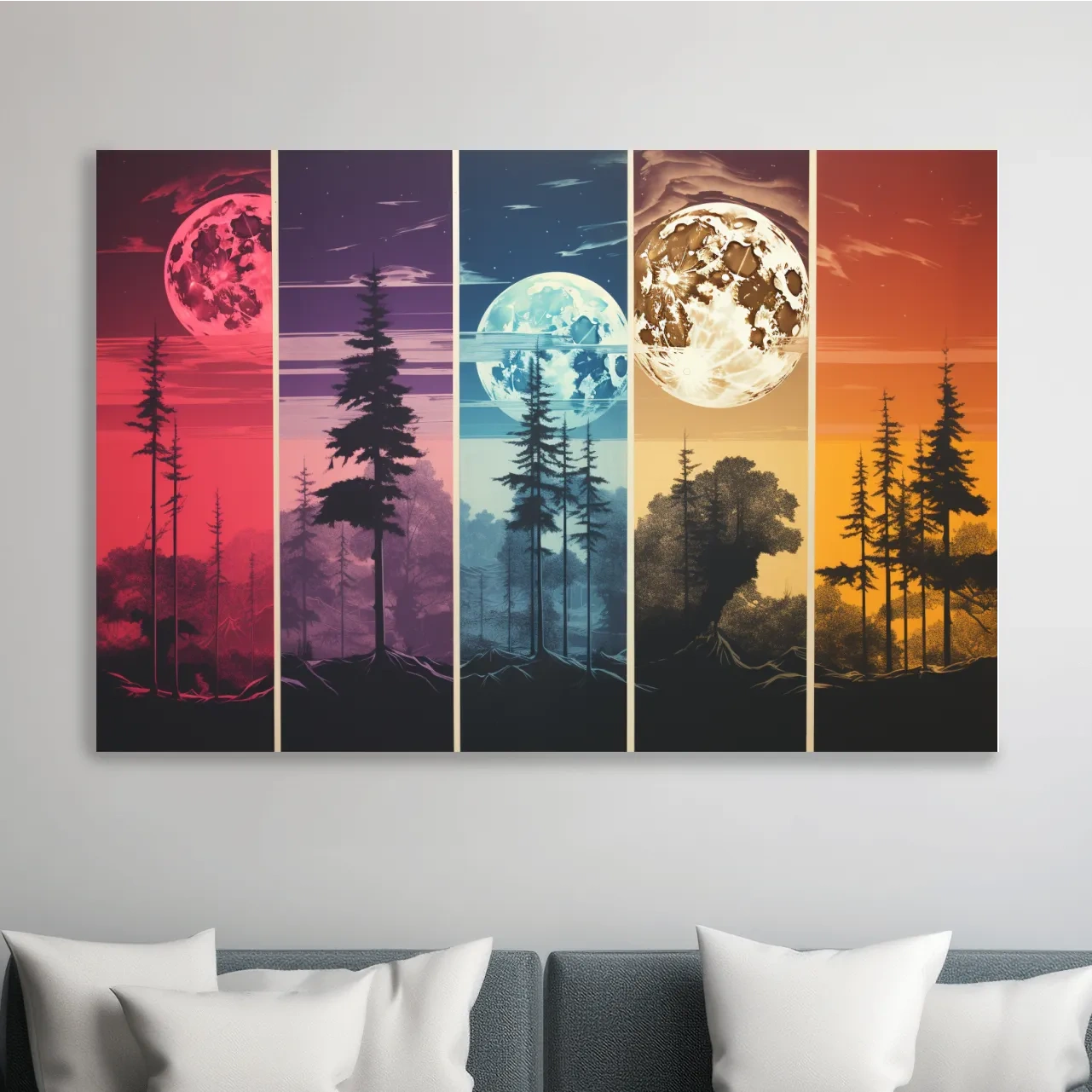 Multipanel colorful treeline under the moonlit sky, risograph style artwork