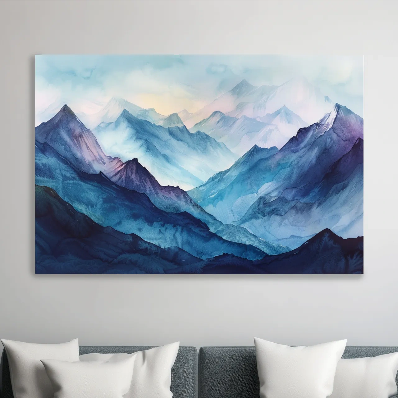 Misty Blue Watercolor Mountain Range Artwork - Serene Colourful Landscape Wall Art