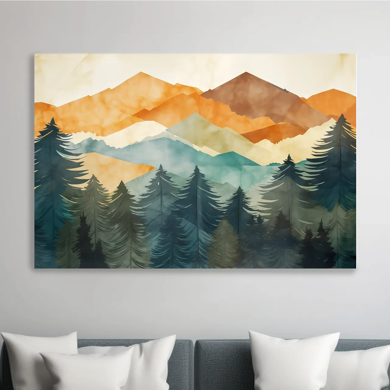 Abstract watercolor painting, mountains and forest