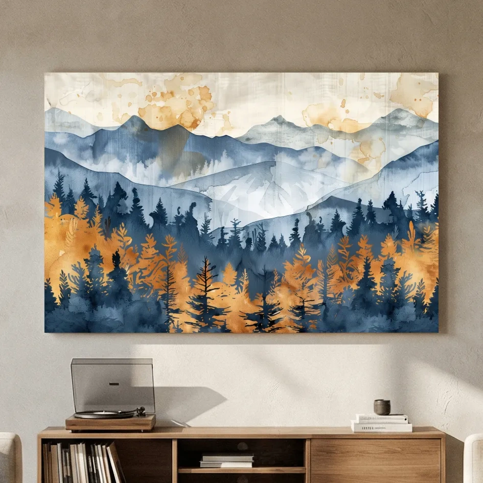 Watercolor Mountain Forest Landscape - Abstract Golden Autumn Pines Wall Art