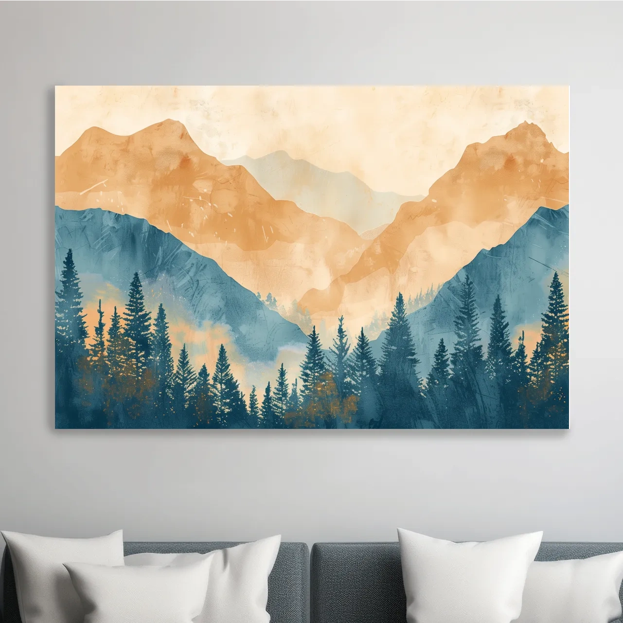 Watercolour painting, foggy treeline in the mountains, textured art style