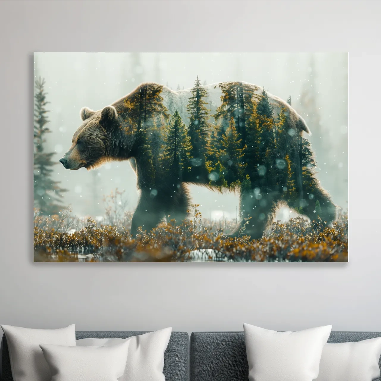 Double exposure photography, grizzly bear in the forest