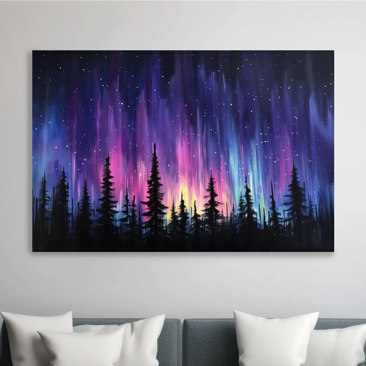 Painting of silhouetted trees against purple and pink northern lights sky