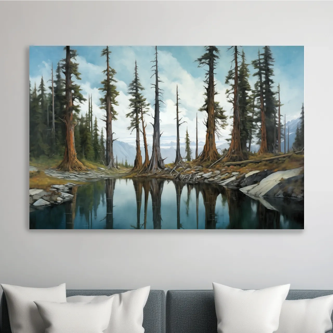 Painting of a line of trees beside a lake and mountains, forest artwork