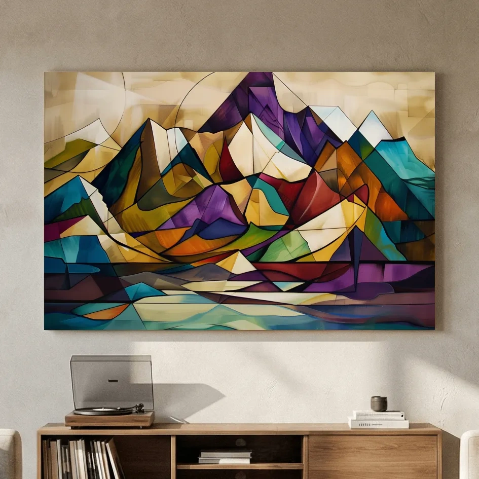 Abstract colorful mountain art, mixed media leadlight style painting