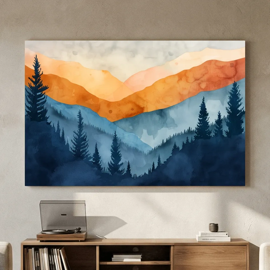 Moody Watercolor Mountain Range Silhouette - Pine Forest Painting Wall Art