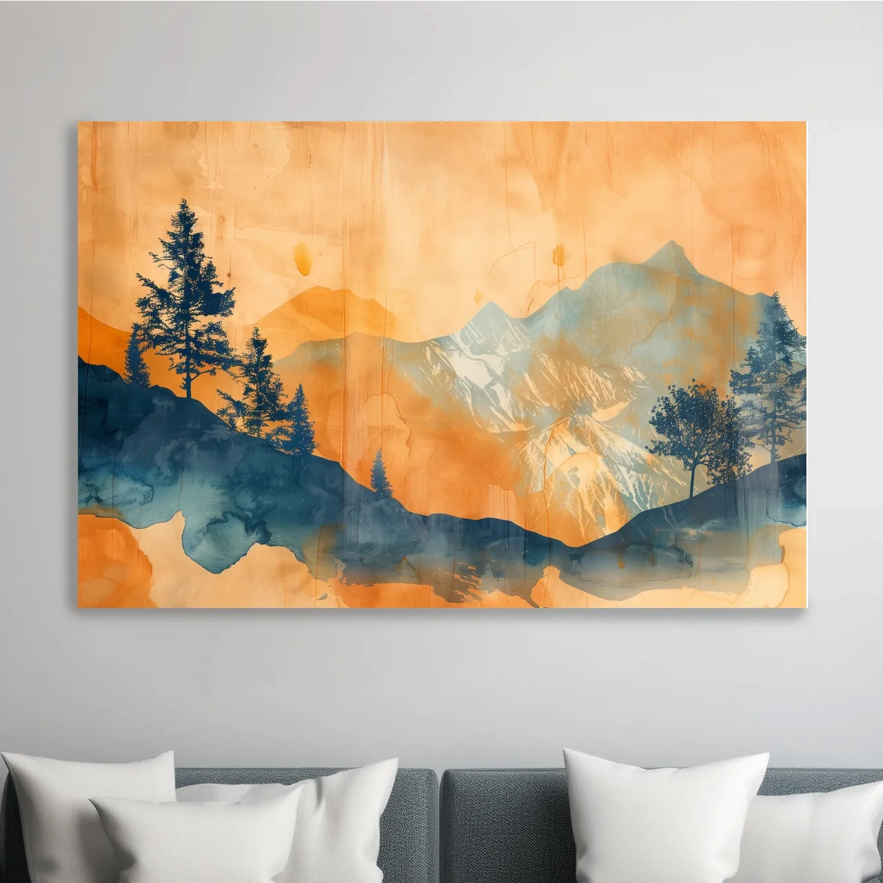 Abstract watercolor painting wall art, trees, mountains and glacier