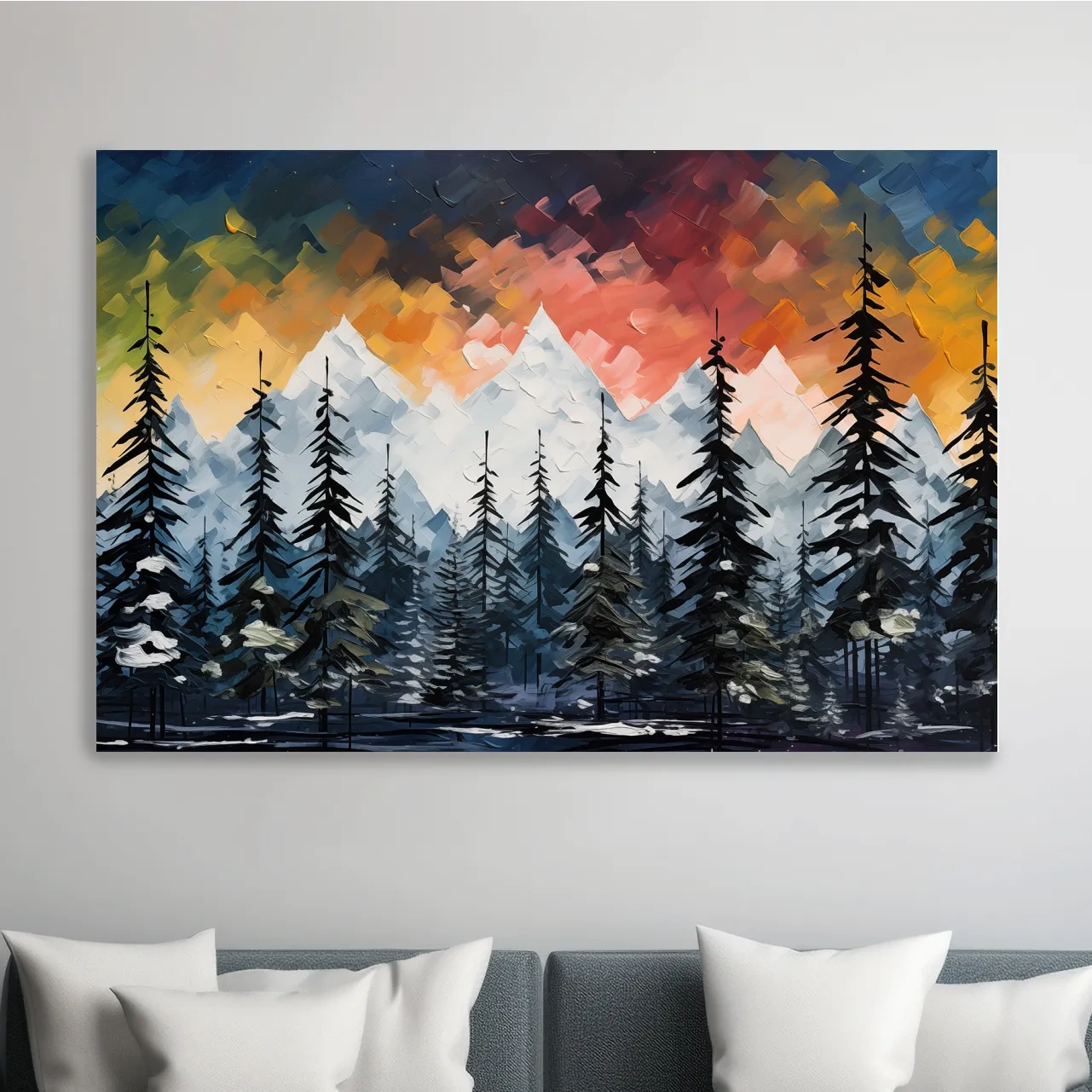 Moody Alpine Mountain Sunset With Pine Forest - Palette Knife Painting Style Landscape Art