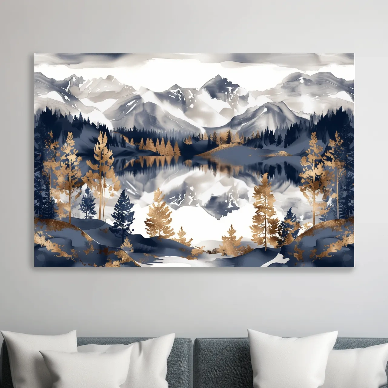 Gold Leaf Style Watercolor Alpine Lake Reflection - Mountain Landscape Artwork