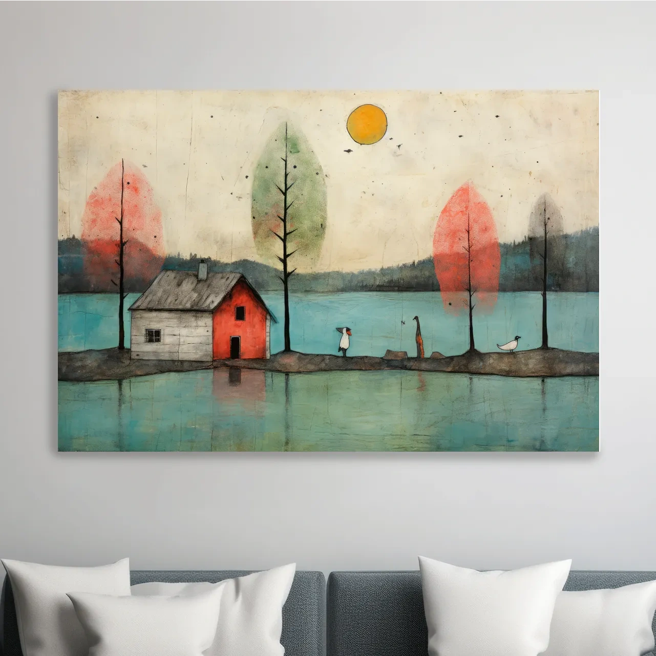 Painting of a quirky cabin on the lake, textured effect