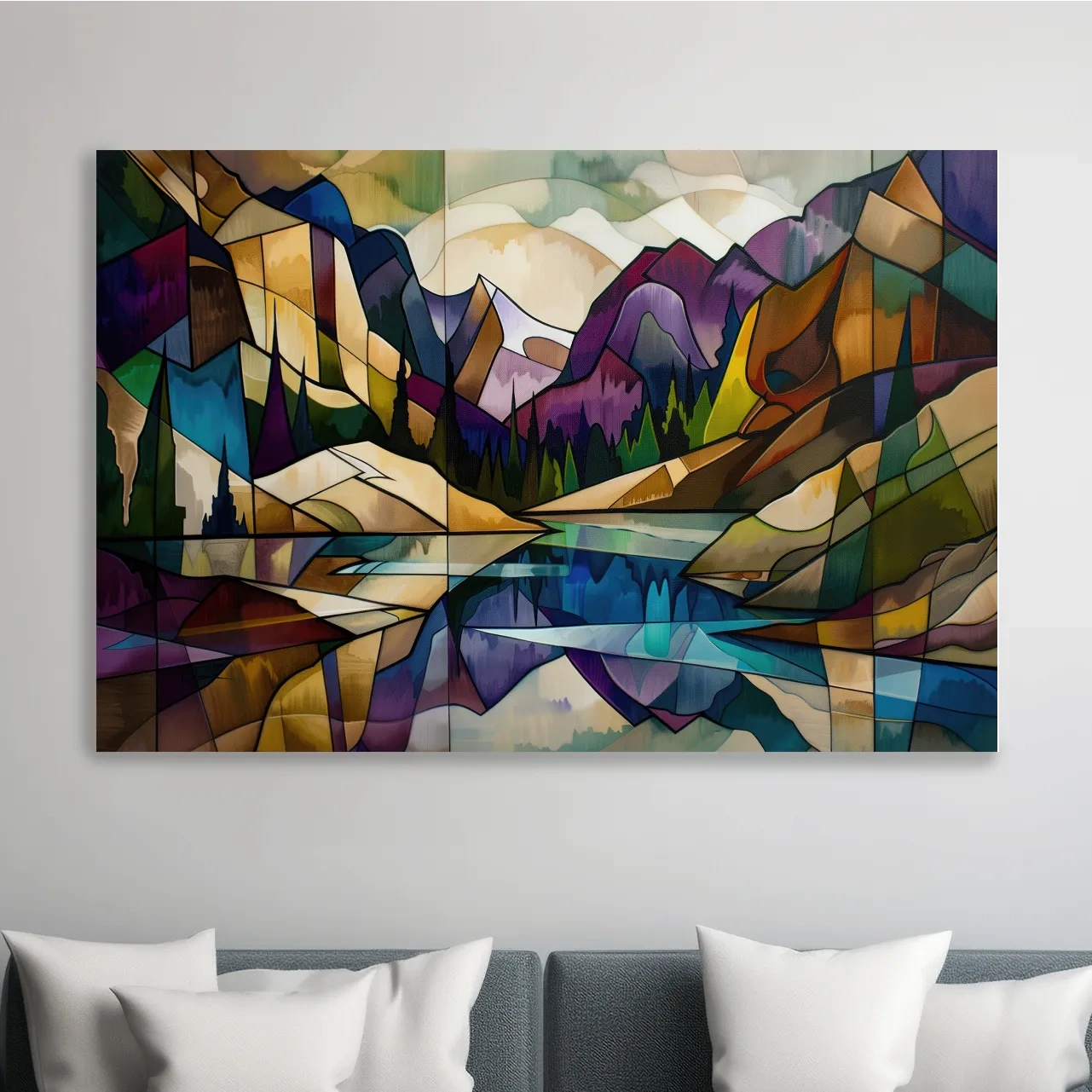 Alpine lake mountain art, colorful abstract leadlight style painting