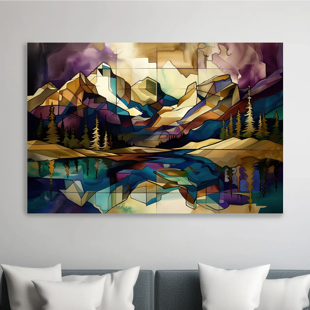 Treelined alpine lake and mountain scene, mixed media style colorful abstract painting