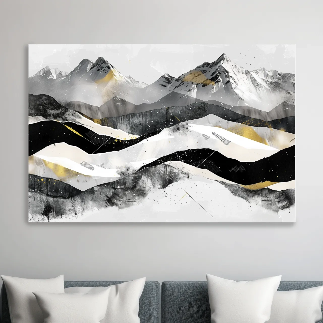 Snow capped mountains, modern black and white abstract artwork