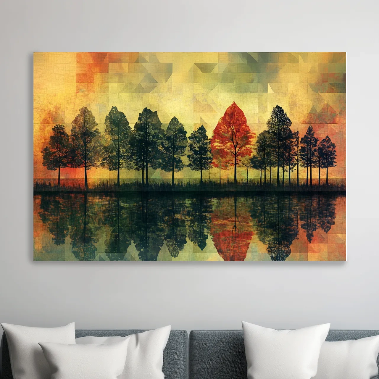 Autumn forest treeline reflections on a lake, mosaic style painting artwork