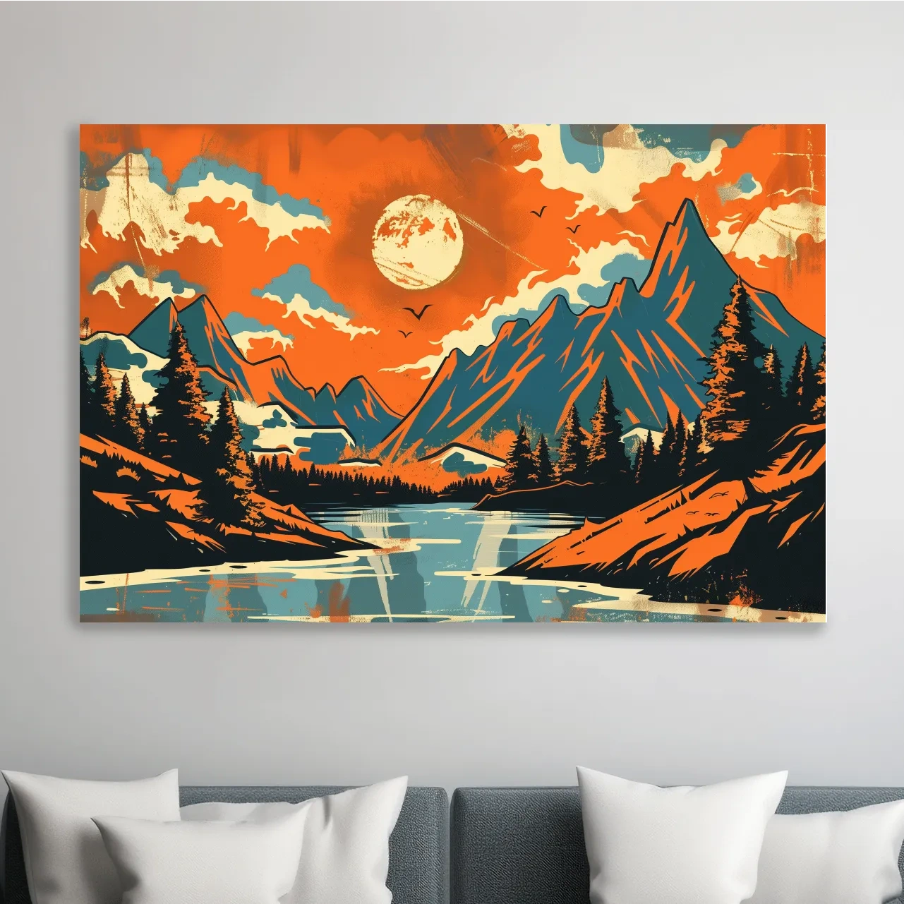 Alpine mountain illustration artwork, vector retro poster style