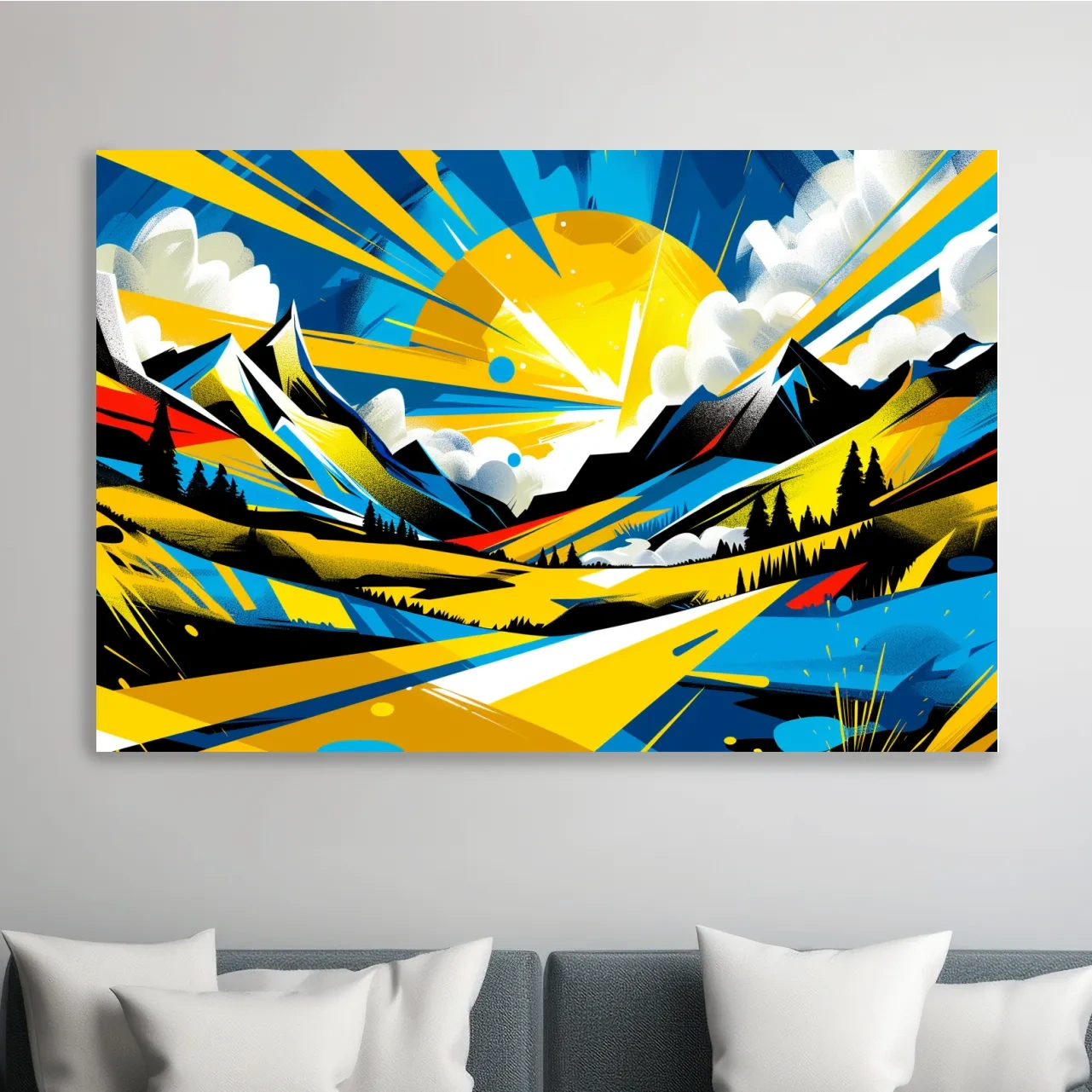 Graffiti style sunset mountain wall art, vibrant bright colorful artwork