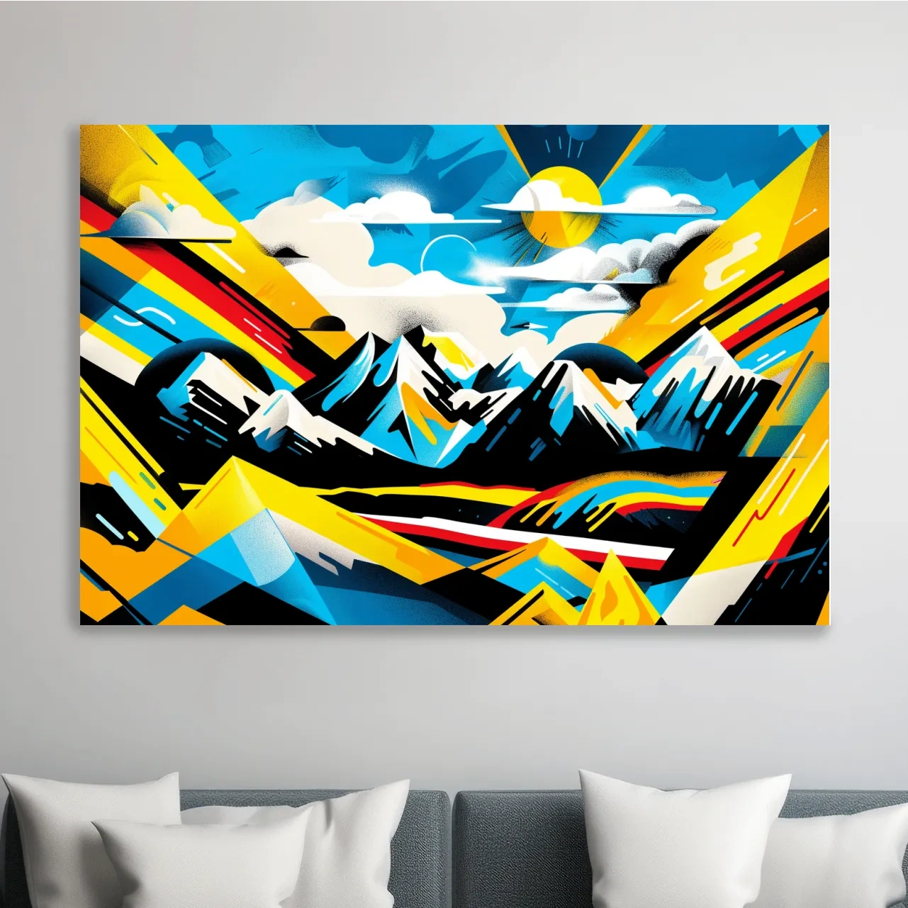 Vibrant bright colorful sunset mountain wall art, graffiti style illustration artwork