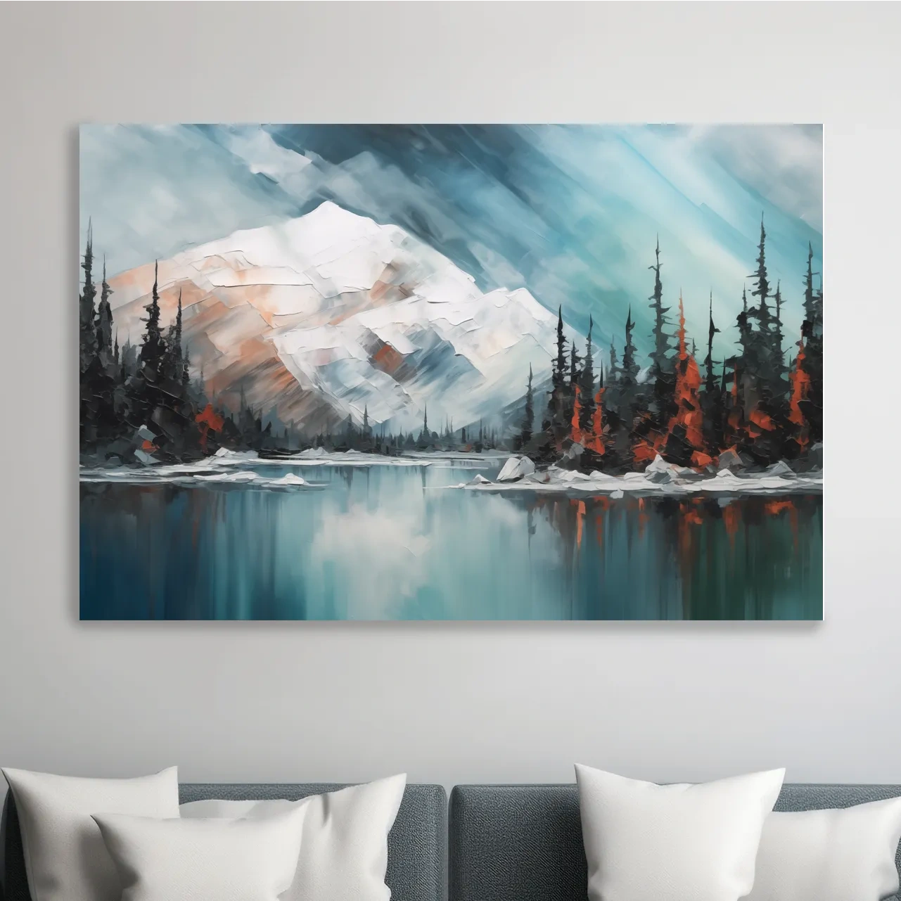 Oil painting of a snowy mountain and lake
