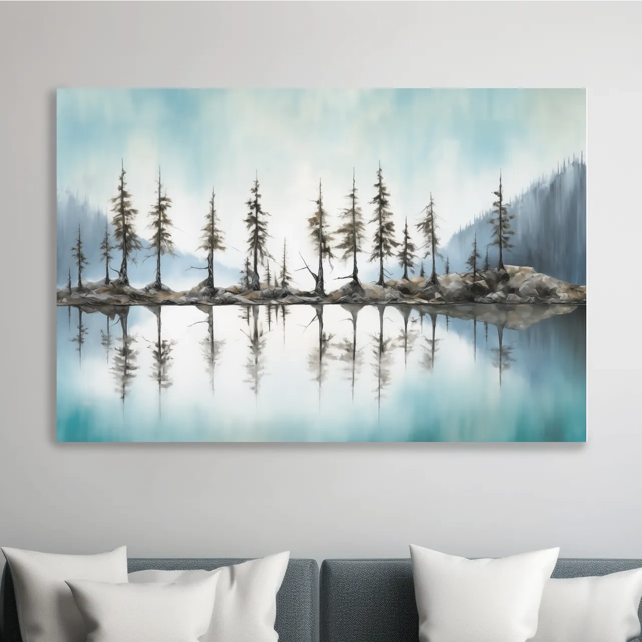 Painting of alpine trees by a torqouise lake