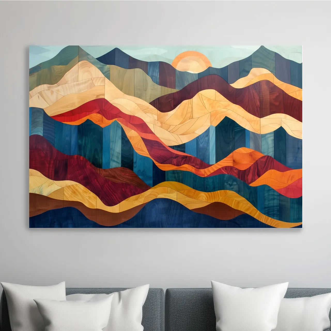 Layered Abstract Mountain Sunset Woodgrain - Mid Century Modern Wall Art