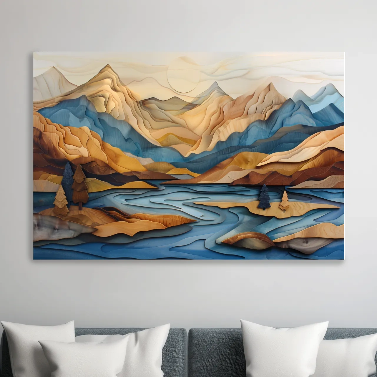 Alpine mountain and lake landscape scene, 3d layered effect wood intarsia style artwork