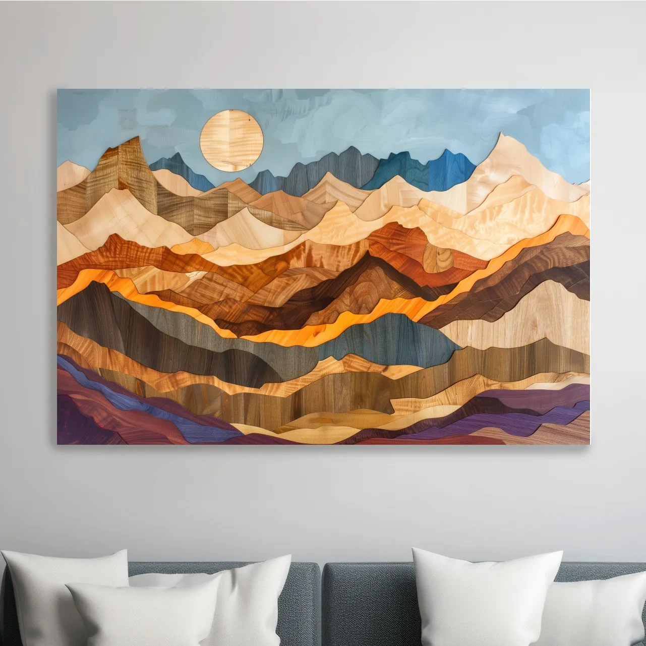 Colorful mountain patterns, 3d layered effect wood intarsia style canvas art