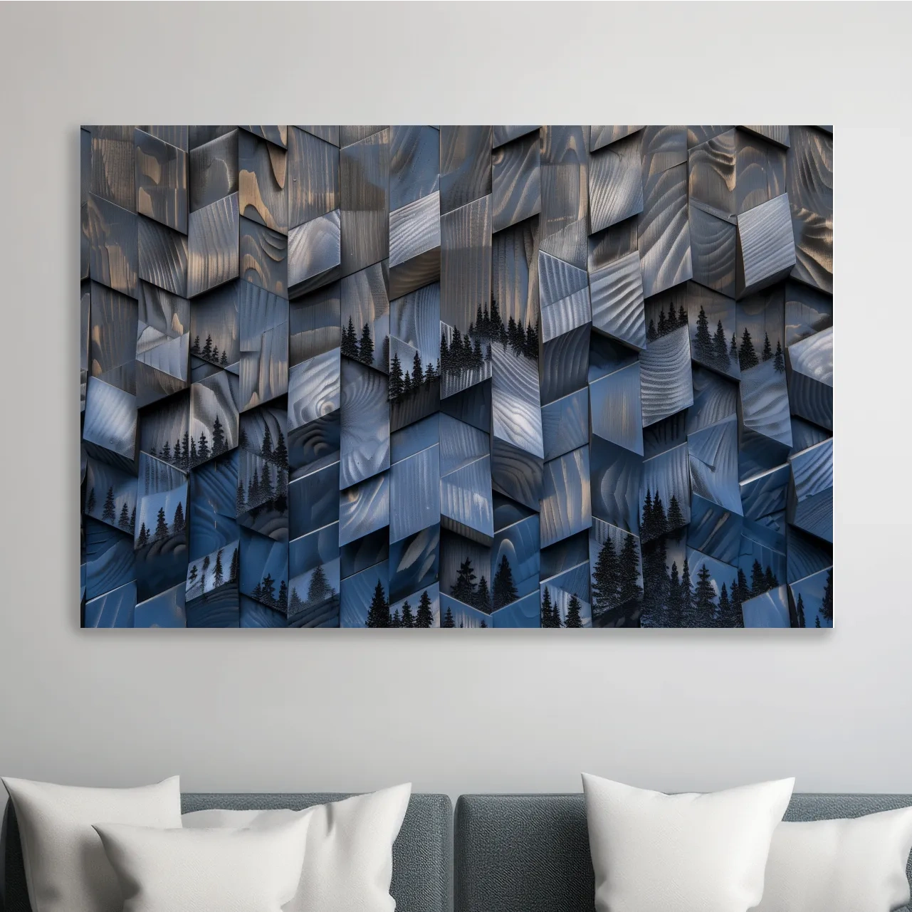 Alpine tree artwork, fragmented geometric wooden cubes pattern, 3d depth effect